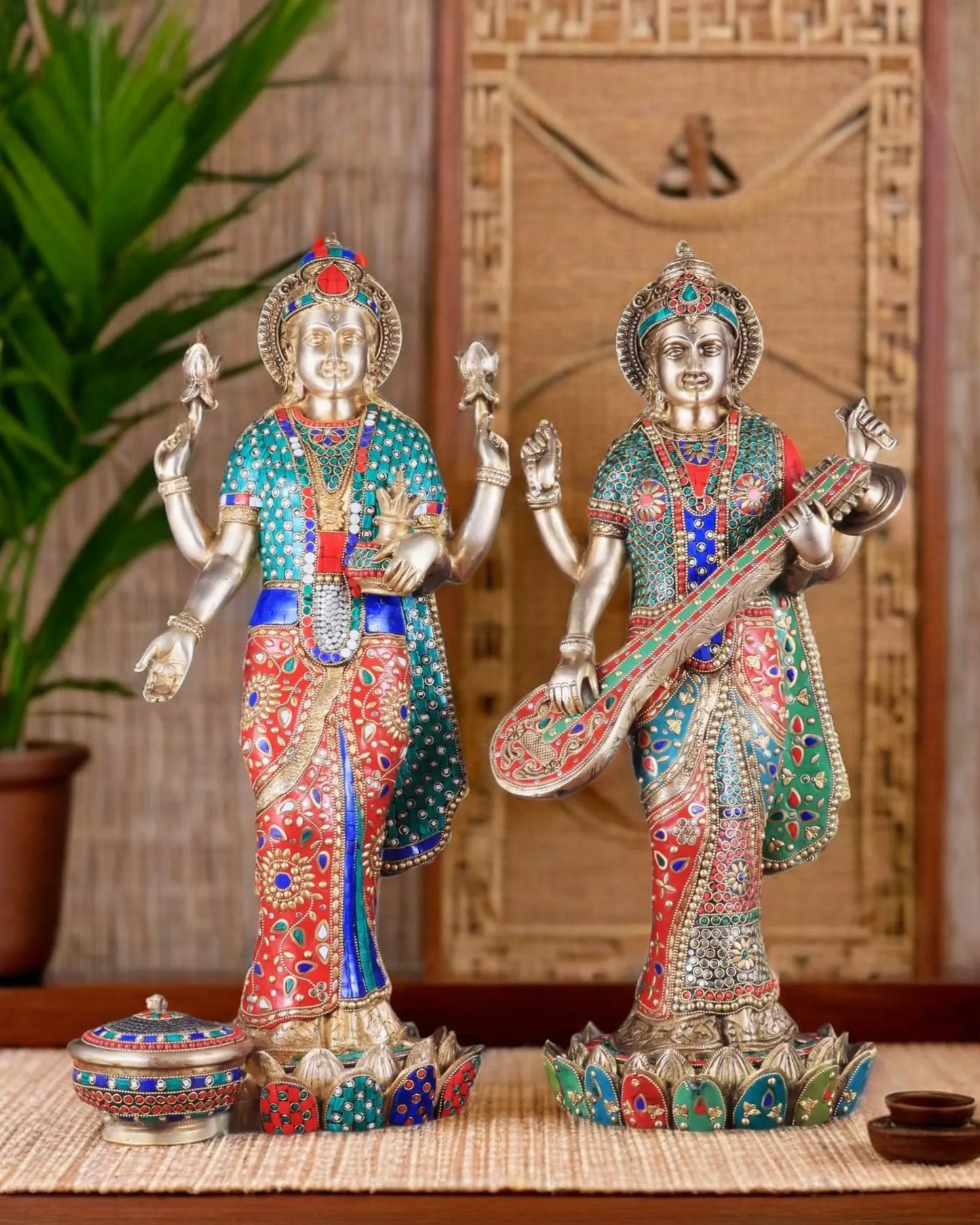 Brass Gem Stone Work Laxmi Mata for Home and Decor Height 25 Inches & Weight 34 Kgs