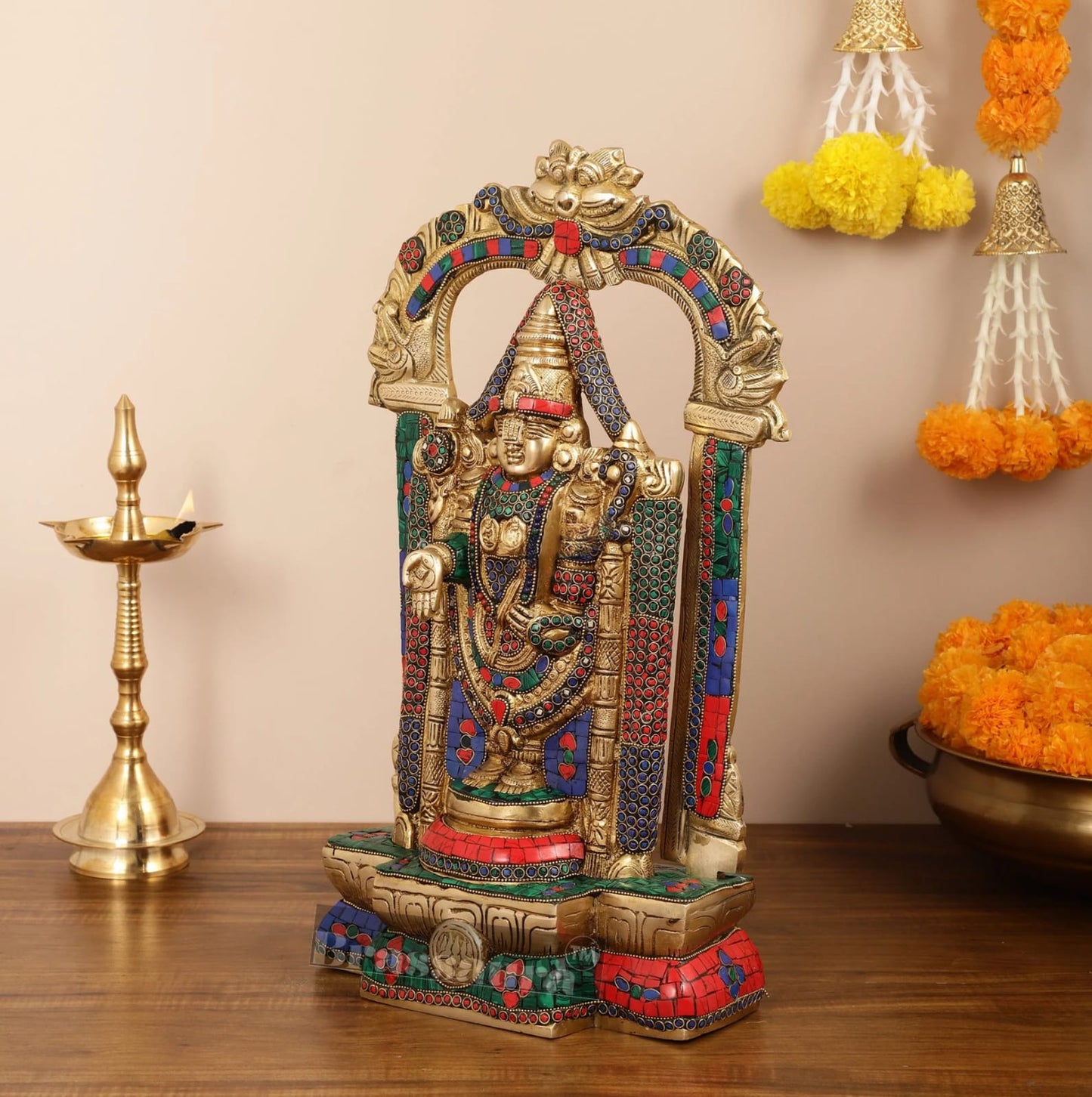 Brassaura™ Brass Handcrafted Tirupati Balaji Idol gem Stonework & Thiruvarchi Prabhavali – 20 Inches, 12 Kgs
