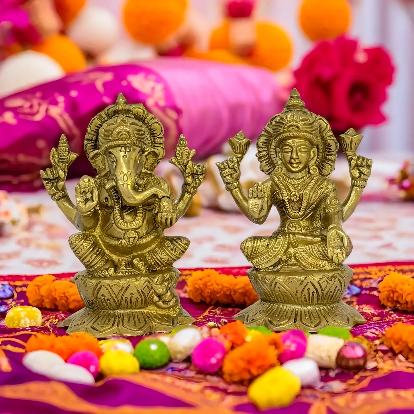 Brassaura™ Traditional Brass Laxmi Ganesha Murti – Height 4.4 Inches & Weight 1.6 Kgs | Puja & Temple Idol