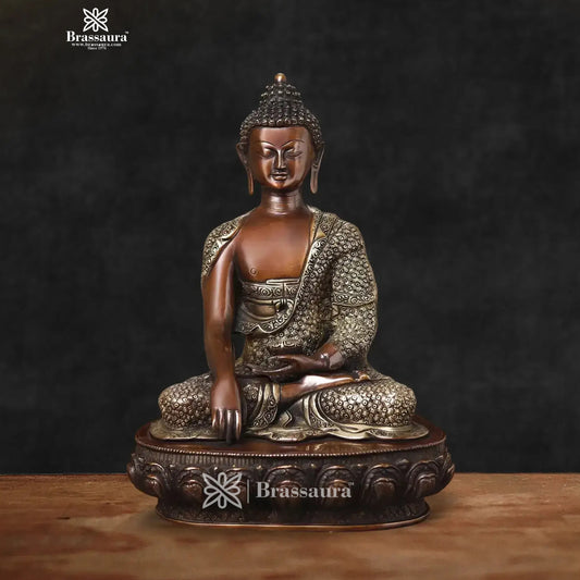 Brassaura® Buddha Brass Statue in Wood Finish Patina | Pure Superfine Brass Handcrafted Murti | Brass Statue for Home Temple, Pooja Room | Height 17 Inches | Weight 11.2 Kg