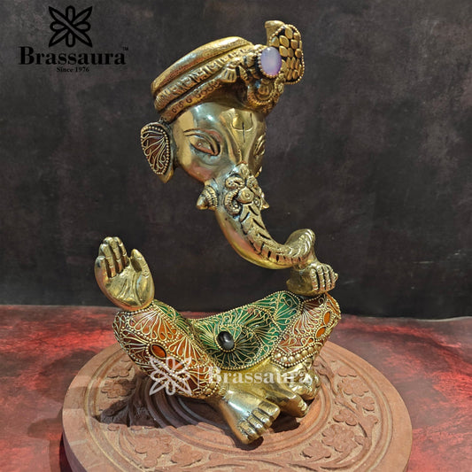 Brassaura™ Brass Gem Stone Work Modern Ganesha Idol for Home and Decor | Weight 2.8 Kgs | Height 10.5 Inches