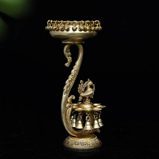Brassaura® Brass Urli with Peacock Diyas | Traditional Decorative Oil Lamp Bowl | Height 14.9 Inches & Weight 3.47 Kgs