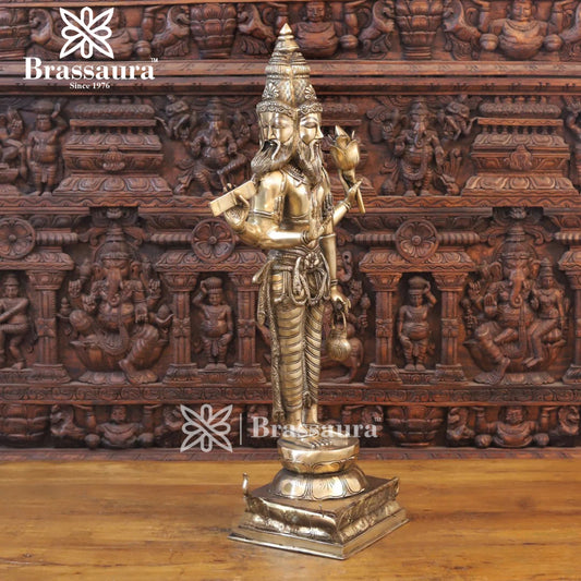 Brassaura™ Brass Brahma Dev Idol – Height 38.5 Inches & Weight 29.18 Kgs | Artistic Depiction of the Creator for Temple Décor