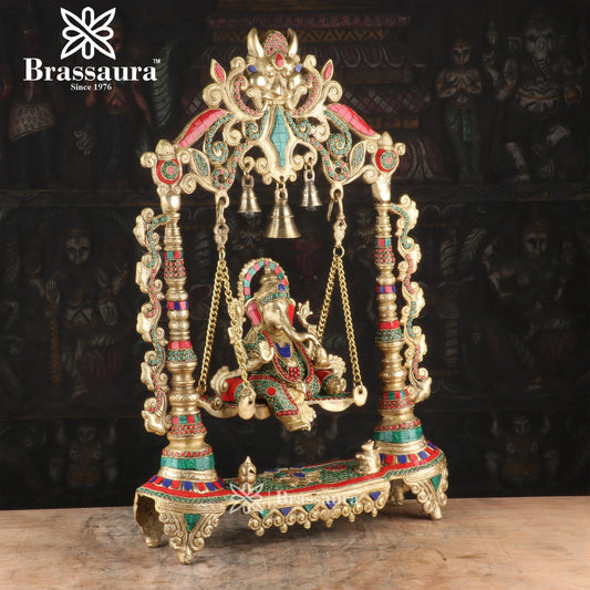 Brassaura™ Brass Gem Stone Work Ganesha Jhula Idol for Home and Decor | Weight 17 Kgs | Height 19.68 Inches