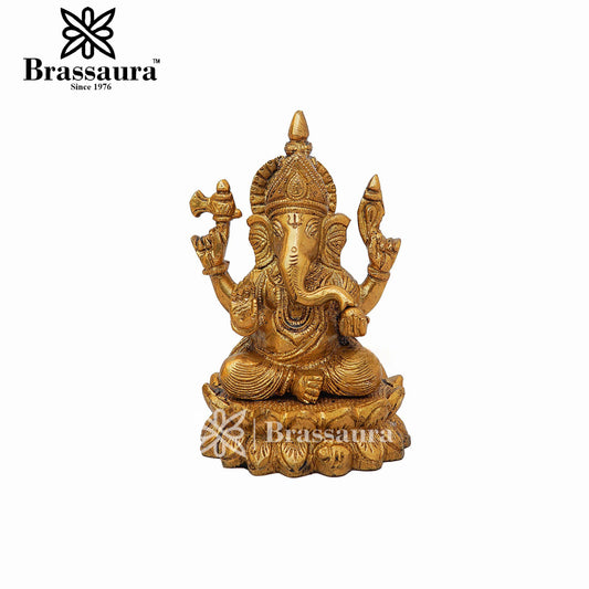 Brassaura™ Brass Lotus Ganesha Idol for Home and Decor | Weight 1.4 Kgs | Height 5.8 Inches