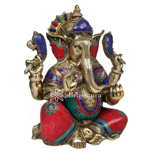Brassaura™ Brass Gem Stone Work Jewellery Ganesha Idol for Home Décor | Weight 22.5 Kgs | Height 21 Inches