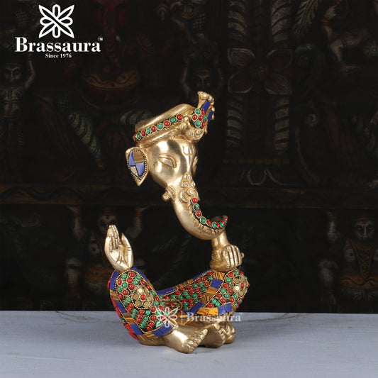 Brassaura™ Brass Gem Stone Work Modern Ganesha Idol for Home and Decor | Weight 2.95 Kgs | Height 10 Inches