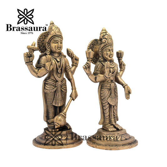 Brassaura™ Brass Vishnu Laxmi – Height 9 Inches & Weight 2.9 Kgs | Regal Temple Sculpture for Devotional Spaces