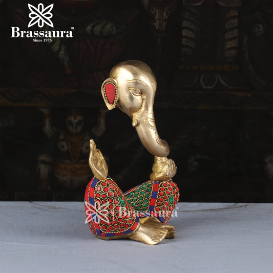 Brassaura™ Brass Gem Stone Work Modern Ganesha Idol for Home and Decor | Weight 2.2 Kgs | Height 7.87 Inches