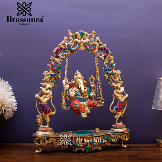 Brassaura™ Brass Gem Stone Work Ganesha Jhula Idol for Home and Decor | Weight 7.2 Kgs | Height 17.5 Inches