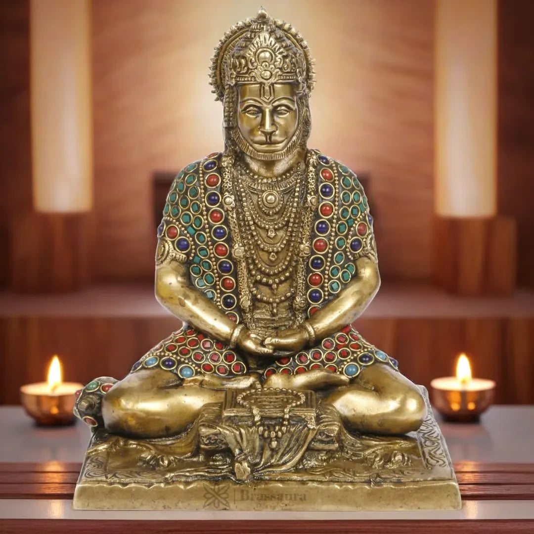 Brassaura™ Premium Brass Hanuman Idol with Gemstone Craft – Heights 9.2 Inches & Weight 2.7 Kgs | Pooja Room Special