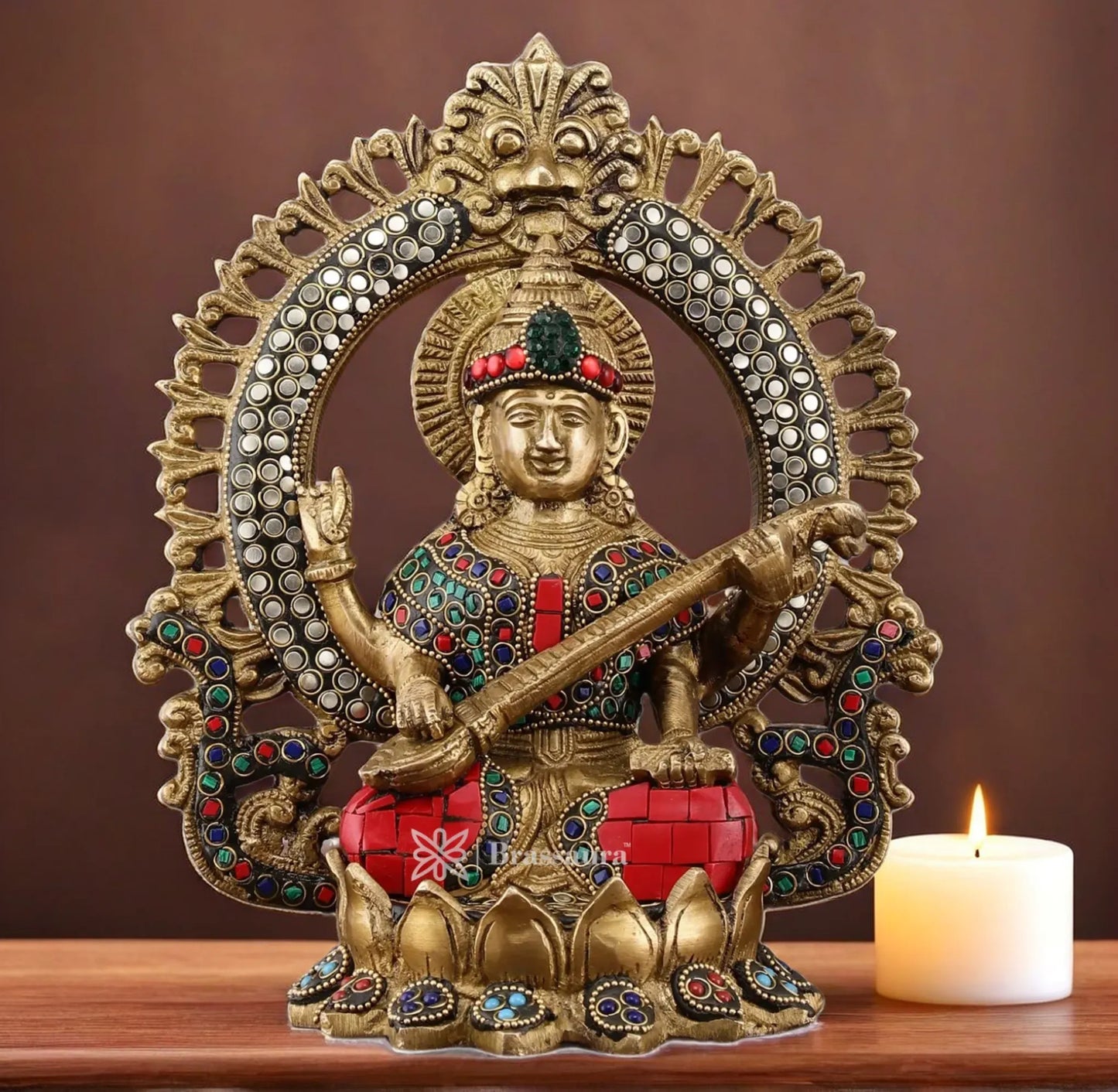 Brass Gem Stone Work Saraswati for Home and Decor Height 9.5 Inches & Weight 3.4 Kgs