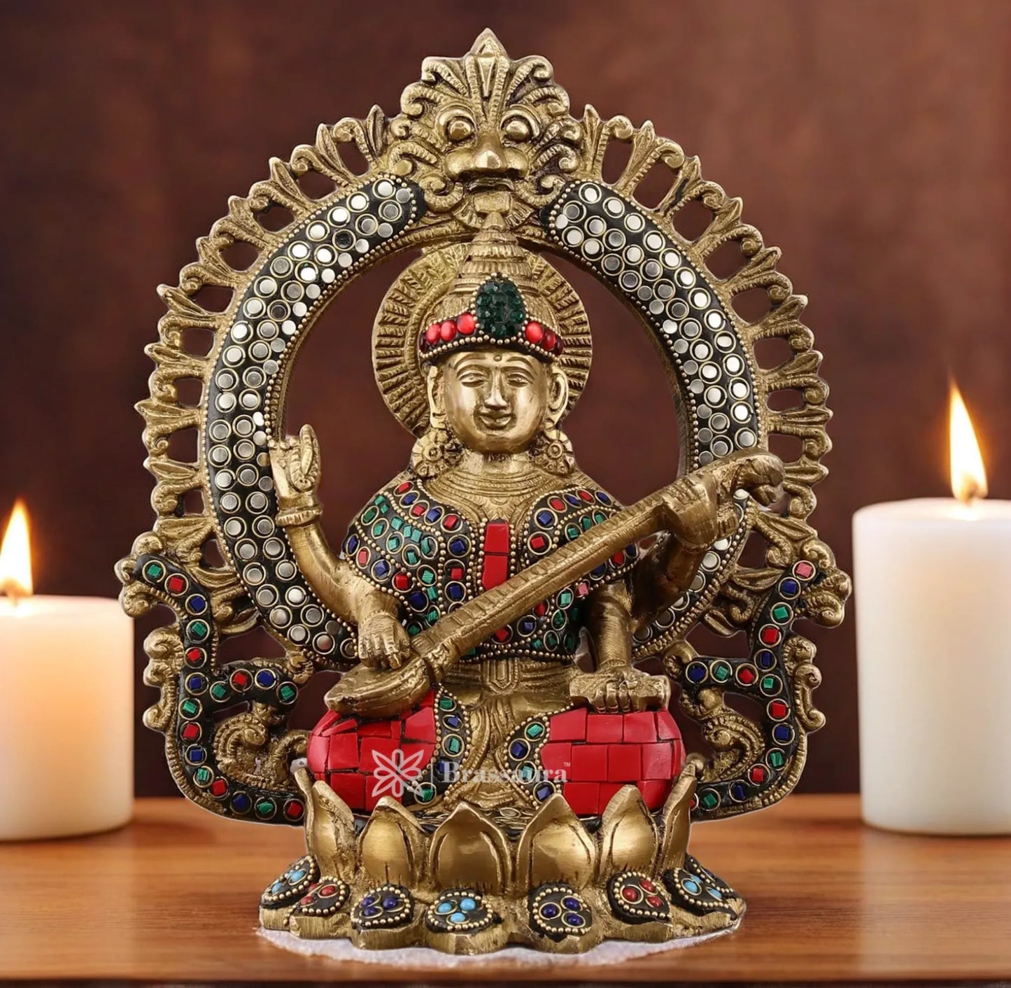 Brass Gem Stone Work Saraswati for Home and Decor Height 9.5 Inches & Weight 3.4 Kgs
