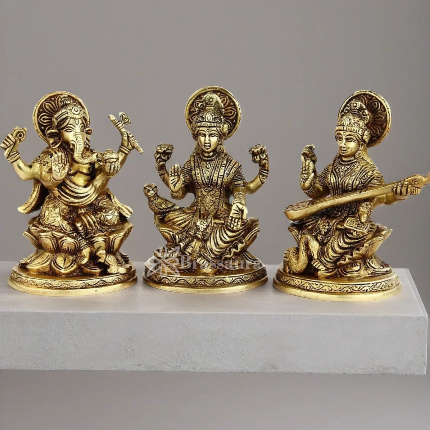Brassaura™ Brass Laxmi Ganesha Saraswati Idol – Height 5 Inches & Weight 2.8 Kgs | Temple & Home Statue