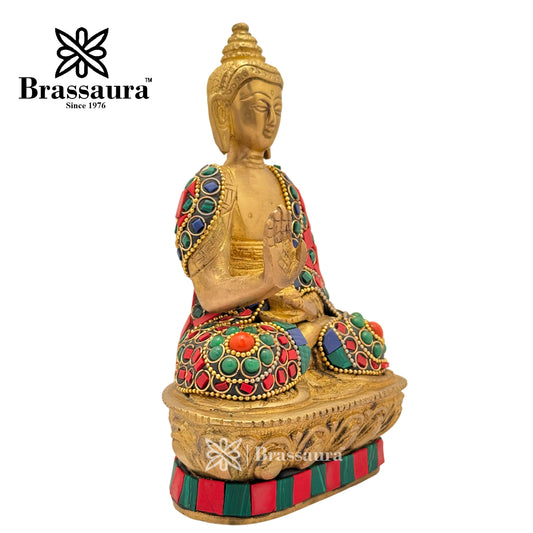 Brassaura® Brass Gem Stone Work Meditative Buddha Idol for Home Decor | Pure Superfine Brass Handcrafted Murti | Brass Statue for Home Temple, Pooja Room | Height 7.09 Inches | Weight 1.1 Kg