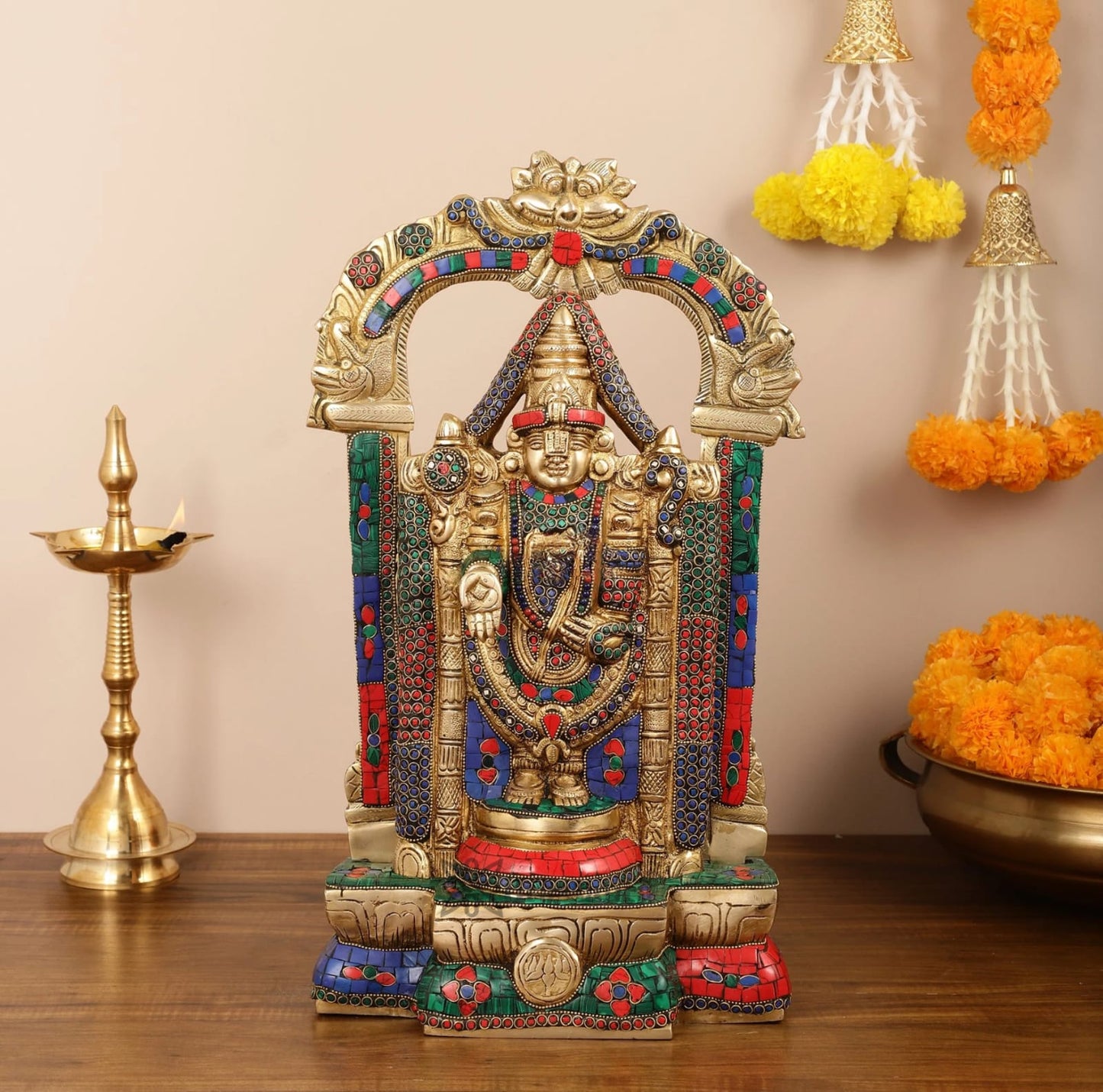 Brassaura™ Brass Handcrafted Tirupati Balaji Idol gem Stonework & Thiruvarchi Prabhavali – 20 Inches, 12 Kgs
