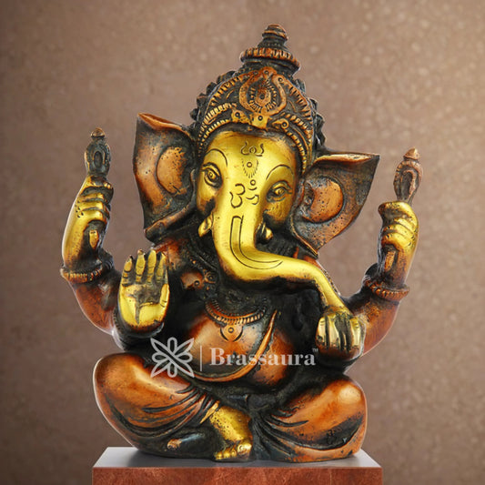 Brassaura™ Brass Mini Ganesha Idol | Weight 0.85 Kgs | Height 4 Inches