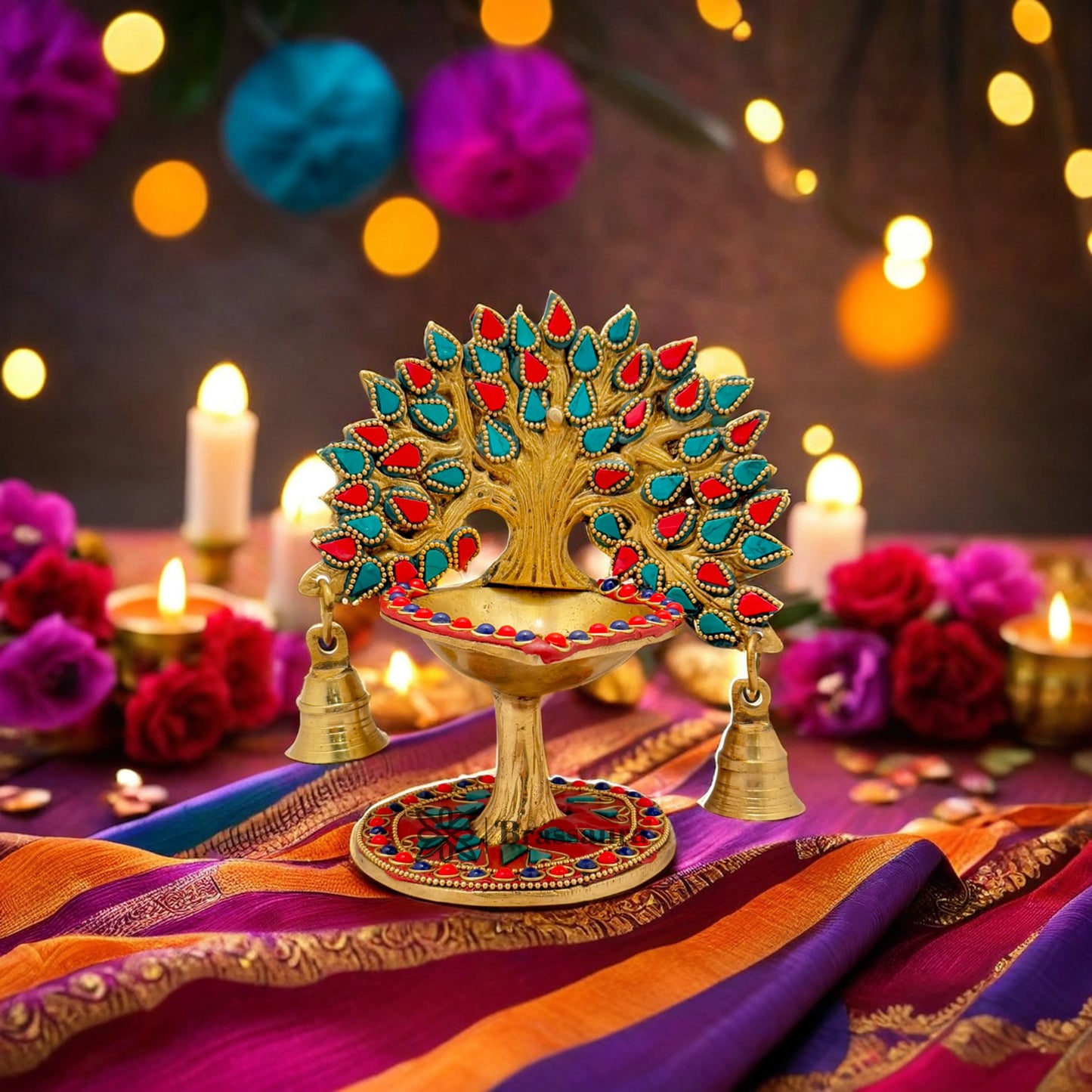 Brass Gem Stone Work Tree Diya Weight 1.3 Kg & Height 7 Inch