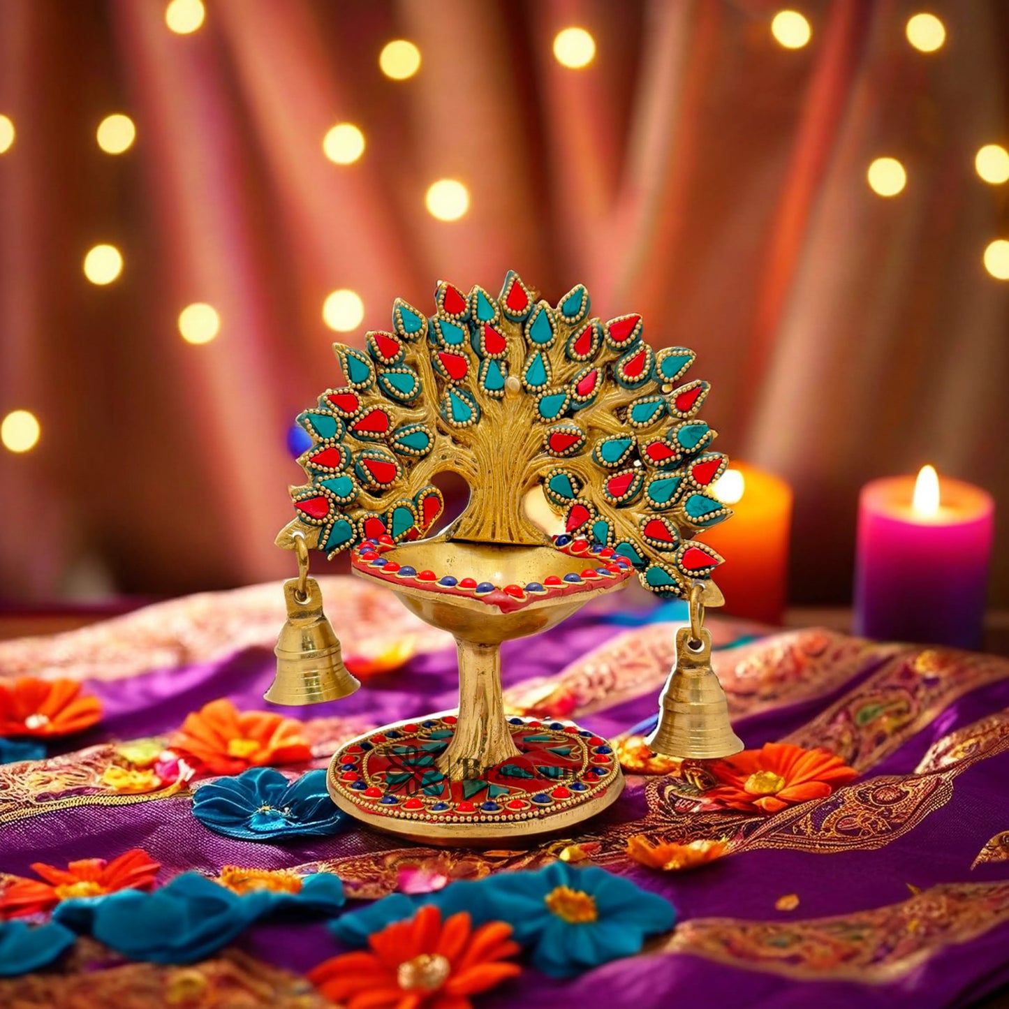 Brass Gem Stone Work Tree Diya Weight 1.3 Kg & Height 7 Inch