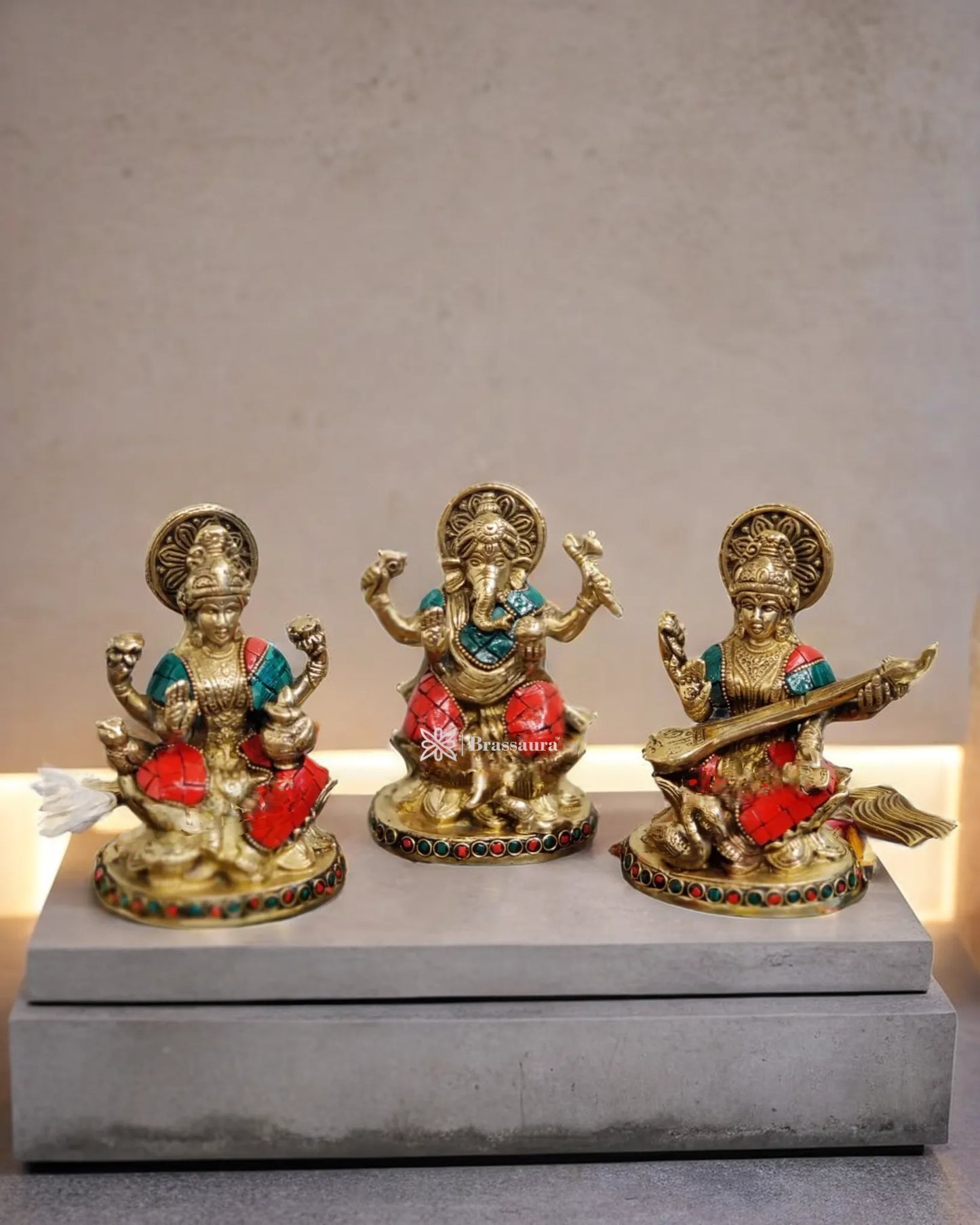 Brass Gem Stone Work Laxmi Ganesha Saraswati Murti for Home and Decor Height 5 Inches & Weight 3 Kgs
