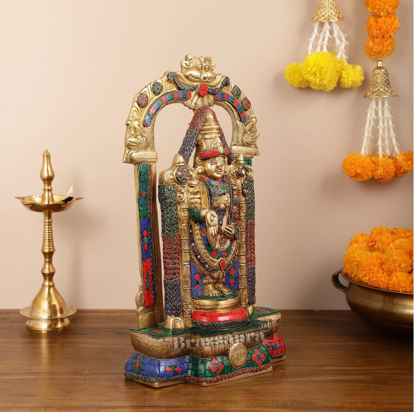 Brassaura™ Brass Handcrafted Tirupati Balaji Idol gem Stonework & Thiruvarchi Prabhavali – 20 Inches, 12 Kgs