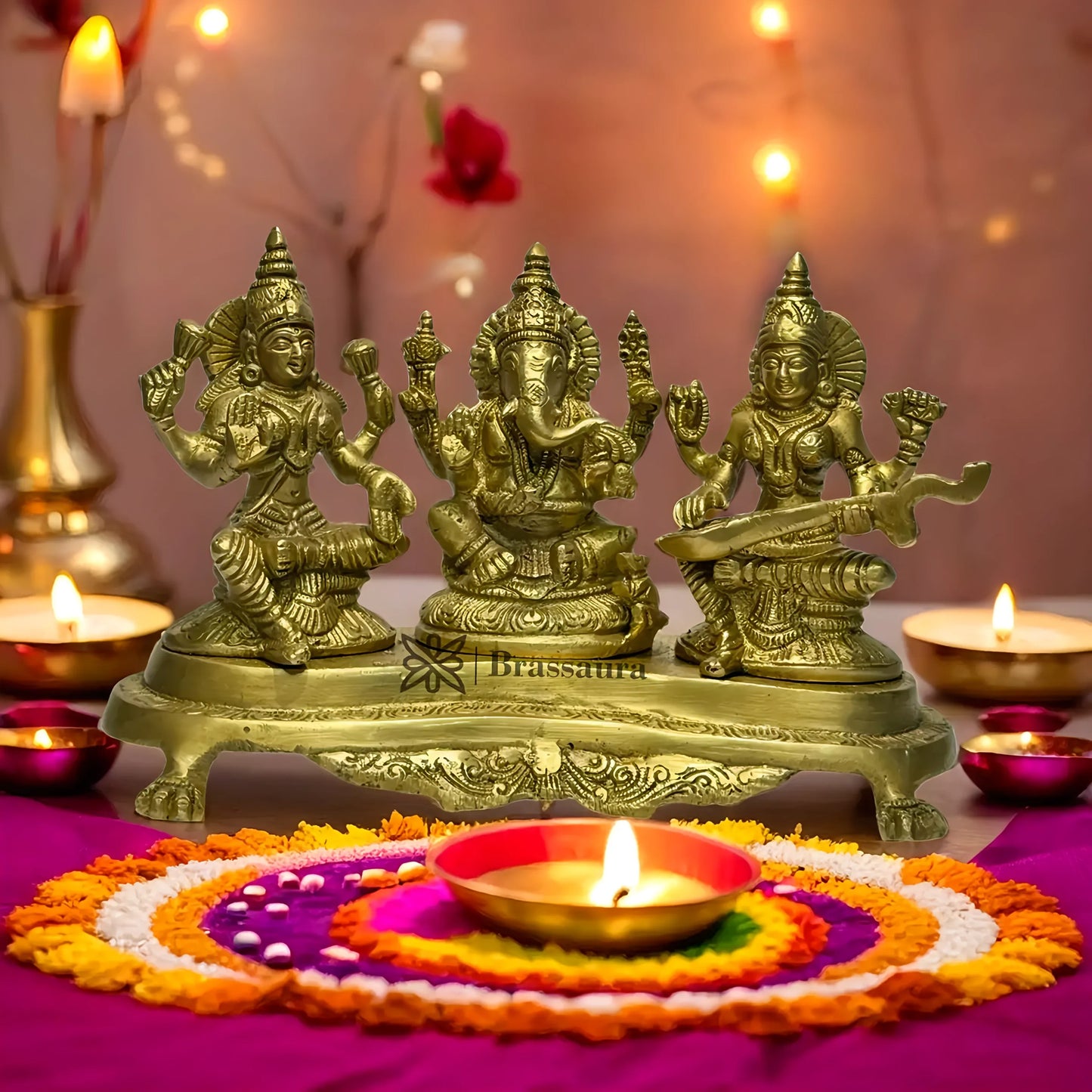 Brassaura™ Brass Laxmi Ganesha Saraswati Idol – Height 8 Inches & Weight 3.1 Kgs | Temple & Home Statue