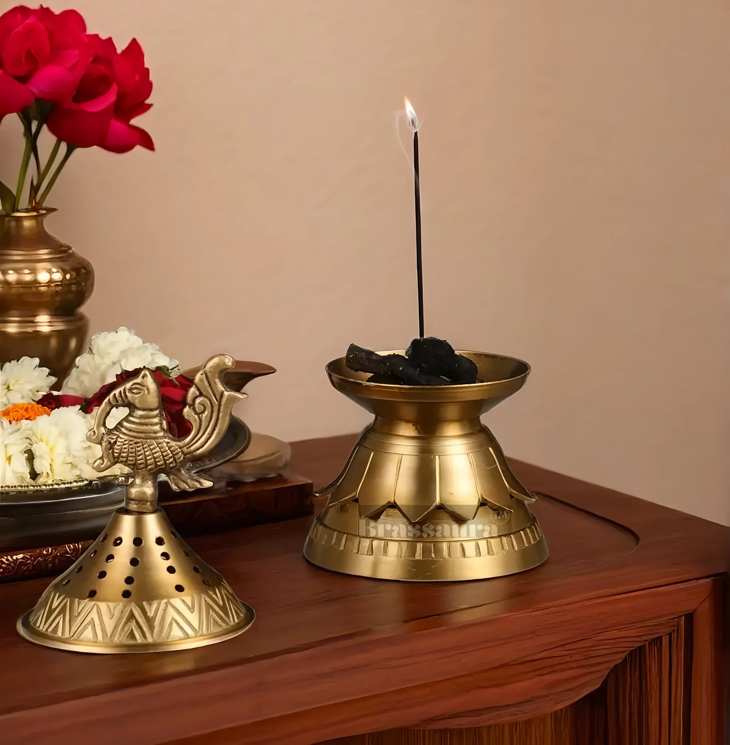 Brassaura™ Brass Peacock Loban Daam Dhoop Burner – Height 6.5 Inches | Traditional Incense Holder, 470 Gms