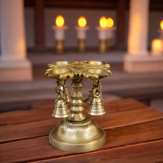 Brass Diya With Hanging Bell Weight 1.06 Kg And Height 5 Inch