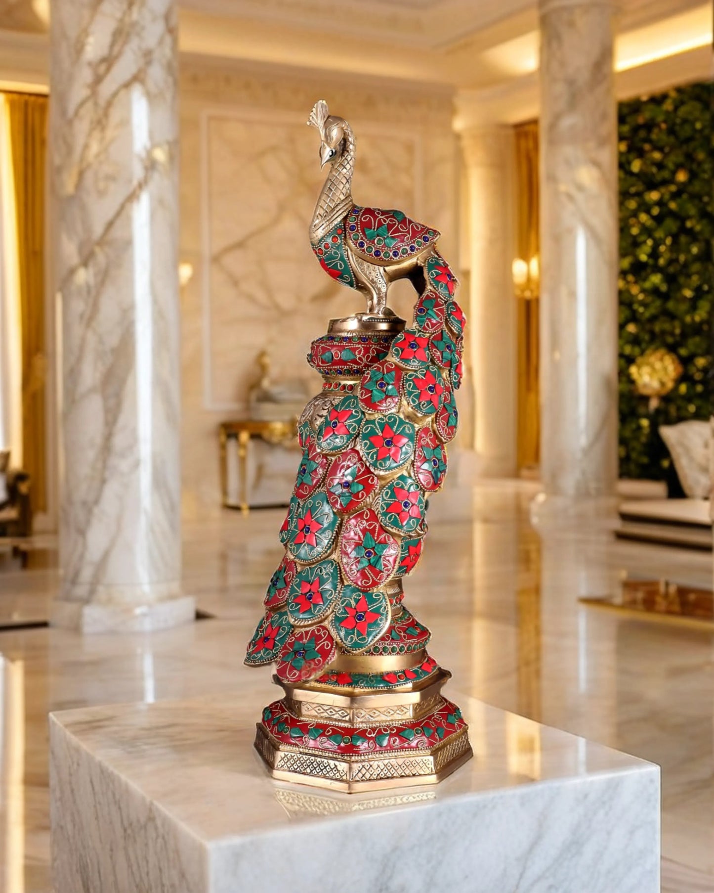 Brassaura™ Brass Large Peacock Showpiece with Meenakari Work – Height 20 Inches & Weight 8.5 Kgs