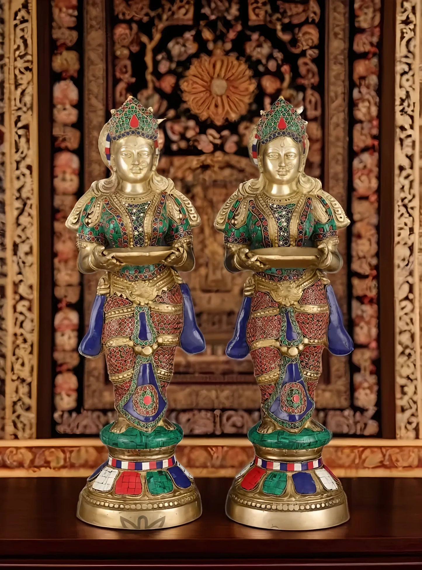 Brassaura™ Brass Deep Lakshmi Pavaai Villaku with Stonework – Height 23 Inches | Available as Single (8.5 Kgs) or Pair (17 Kgs)