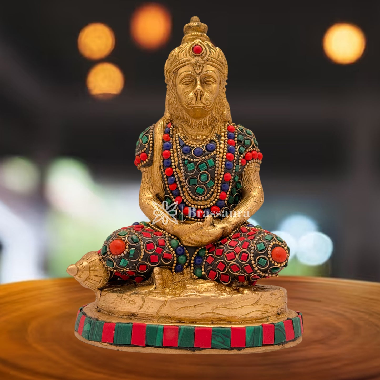 Brassaura™ Brass Gem Stone Work Meditation Hanuman Idol for Home and Decor, Height 7.2 Inches & Weight 1.8 Kgs