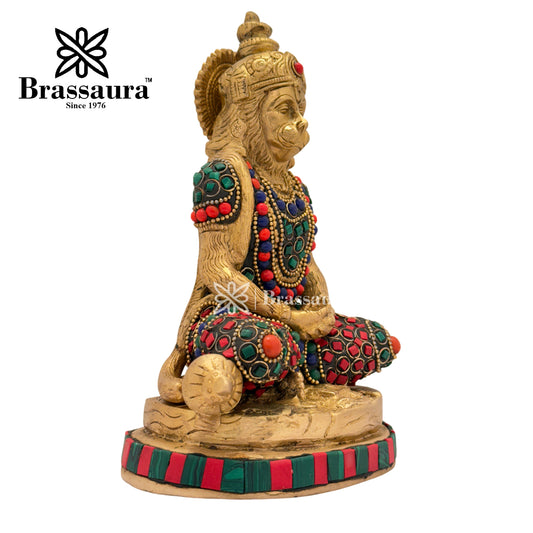 Brassaura™ Brass Gem Stone Work Meditation Hanuman Idol for Home and Decor, Height 7.2 Inches & Weight 1.8 Kgs