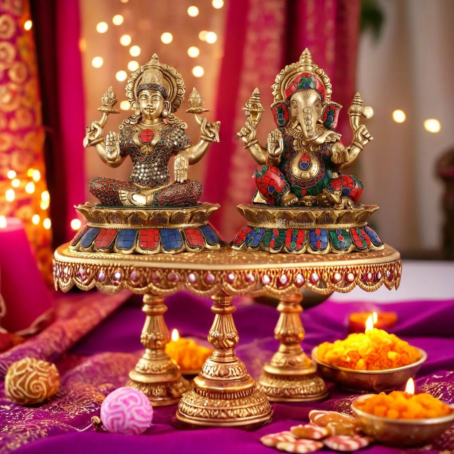 Brass Gem Stone Work Lakshmi Ganesh Height 11 Inches & weight 7 kgs