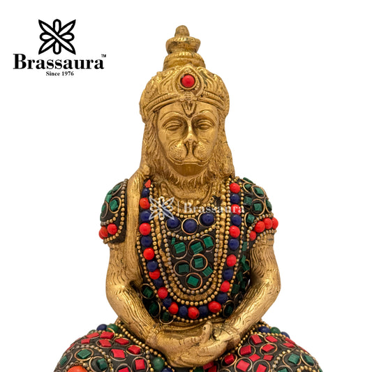 Brassaura™ ब्रास रत्न स्टोन वर्क मेडिटेशन हनुमान आइडल घर और सजावट के लिए, ऊंचाई 7.2 इंच और वज़न 1.8 किलोग्राम