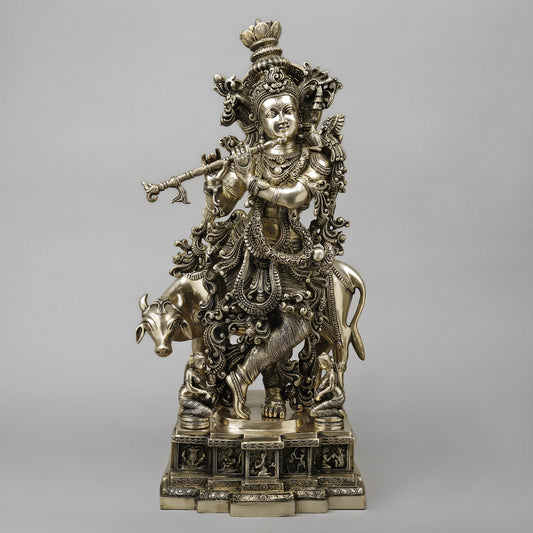 BrassAura™ Brass Krishna with Cow – Flute Playing Idol | Smooth Finish | Height 29 Inch | Weight 34.8 Kg