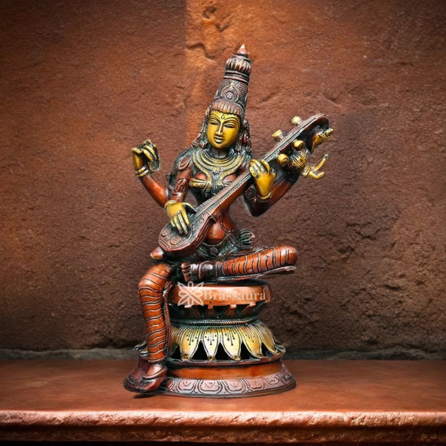 Brassaura™ Brass Saraswati Idol – Height 12 Inches & Weight 4.4 Kgs | Elegant Home & Temple Décor