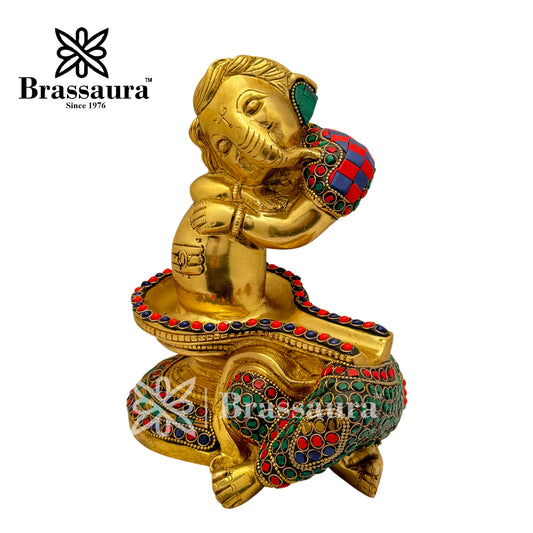 Brassaura™ Brass Gem Stone Work Ganesha and Shivling Idol for Home and Decor | Weight 4.7 Kgs | Height 7.87 Inches