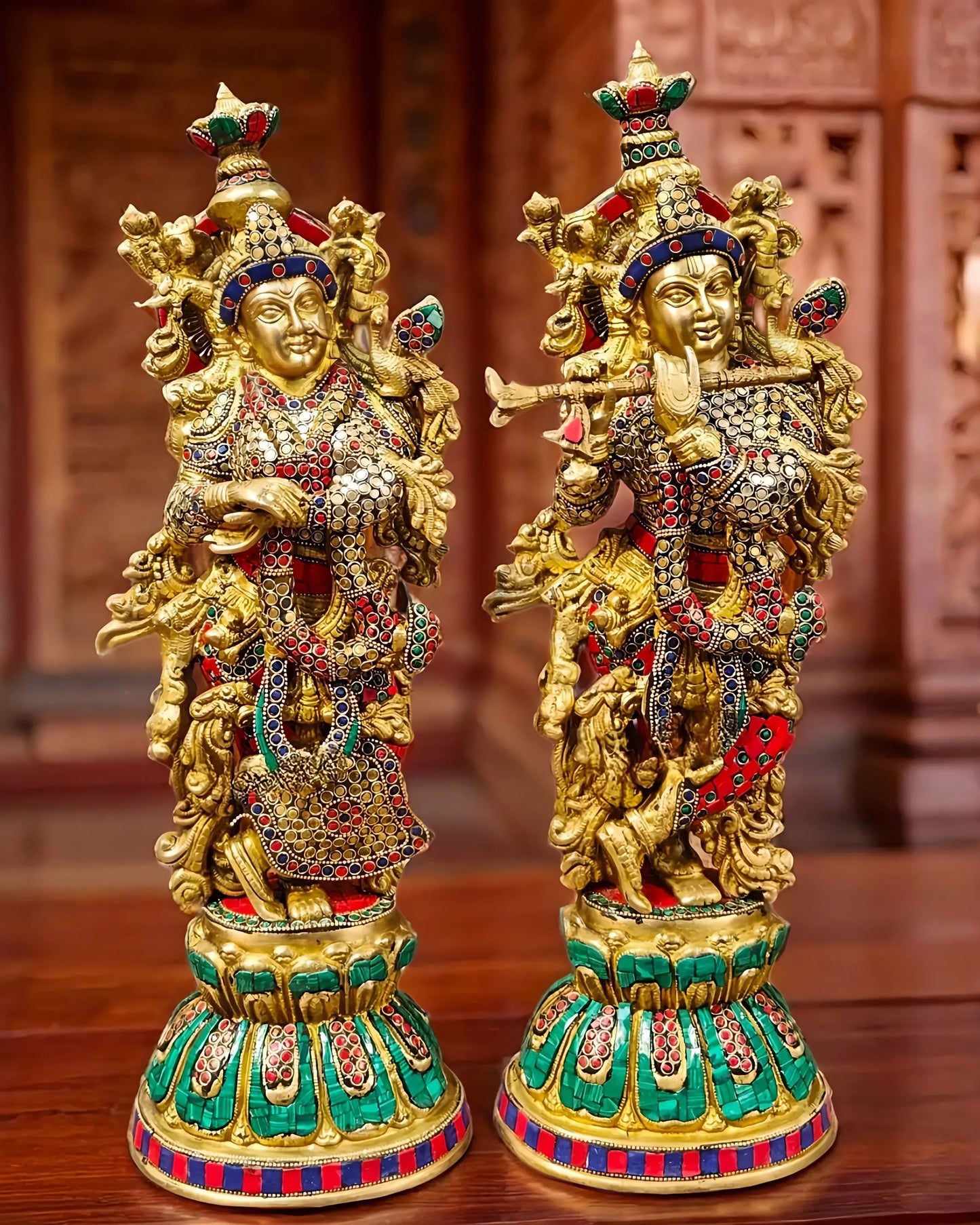 Brassaura™ Handcrafted Radha Krishna Statues – 21 Inch Height, 19 Kg Pair | Brass & Natural Stone Embellished