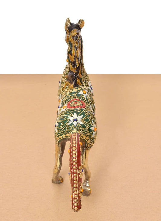 Brassaura® Multicolor Brass Horse Statue | Decorative Running Horse Showpiece with Stone Work | Height 10.5 Inches