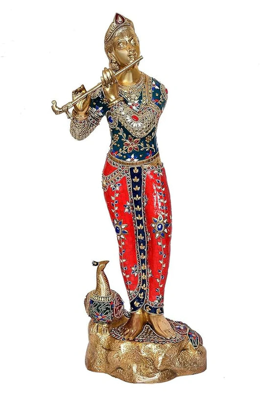 Brassaura® Brass Krishna Statue with Peacock | 29 Inch Large Lord Krishna Idol