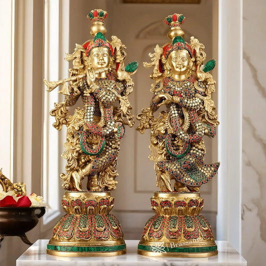 Brassaura™ Pure Brass Radha Krishna Statue with Brass Rings & Natural Stones – Height 21 Inches & Weight 18 Kgs | Elegant Devotional Idol