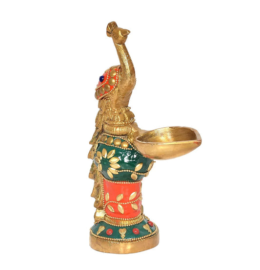 Brassaura® Brass Peacock Oil Lamp Diya with Multicolor Artistic Finish | Pure Superfine Brass Handcrafted Murti | Brass Statue for Home Temple, Pooja Room | Height 7 Inches | Weight 0.95 Kgs