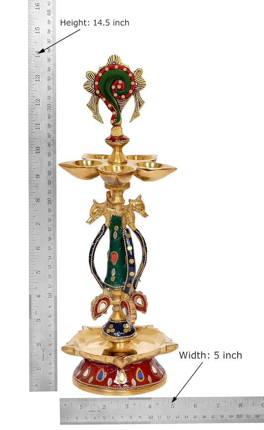 Brassaura® Brass Shankh Chakra Oil Lamp Set | Height 14.5 Inches | Multicolor Decorative Brass Diyas (Pack of 2)