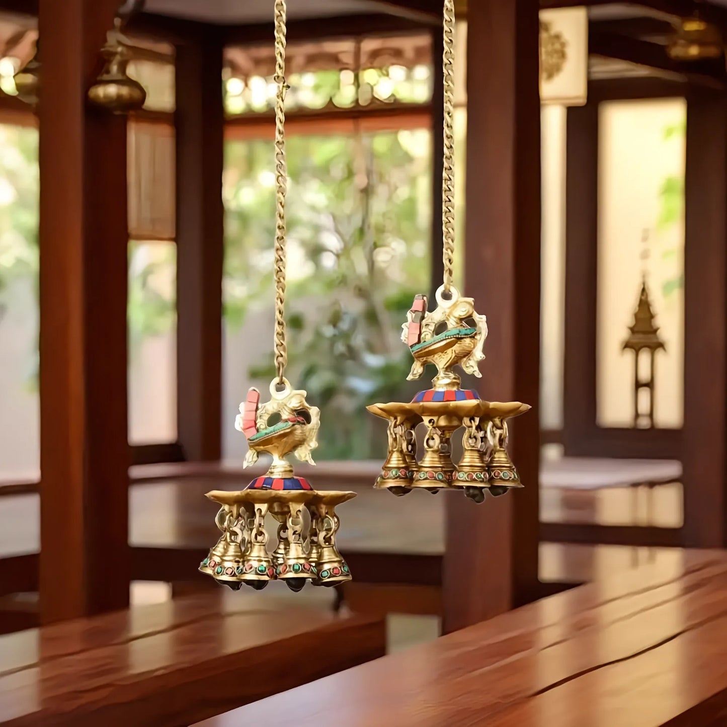 Brassaura™ Pair of Brass Hanging Peacock Diyas with Stonework – Height 6 Inches | Hanging Lamps with Bells & Chain, 2.5 Kgs