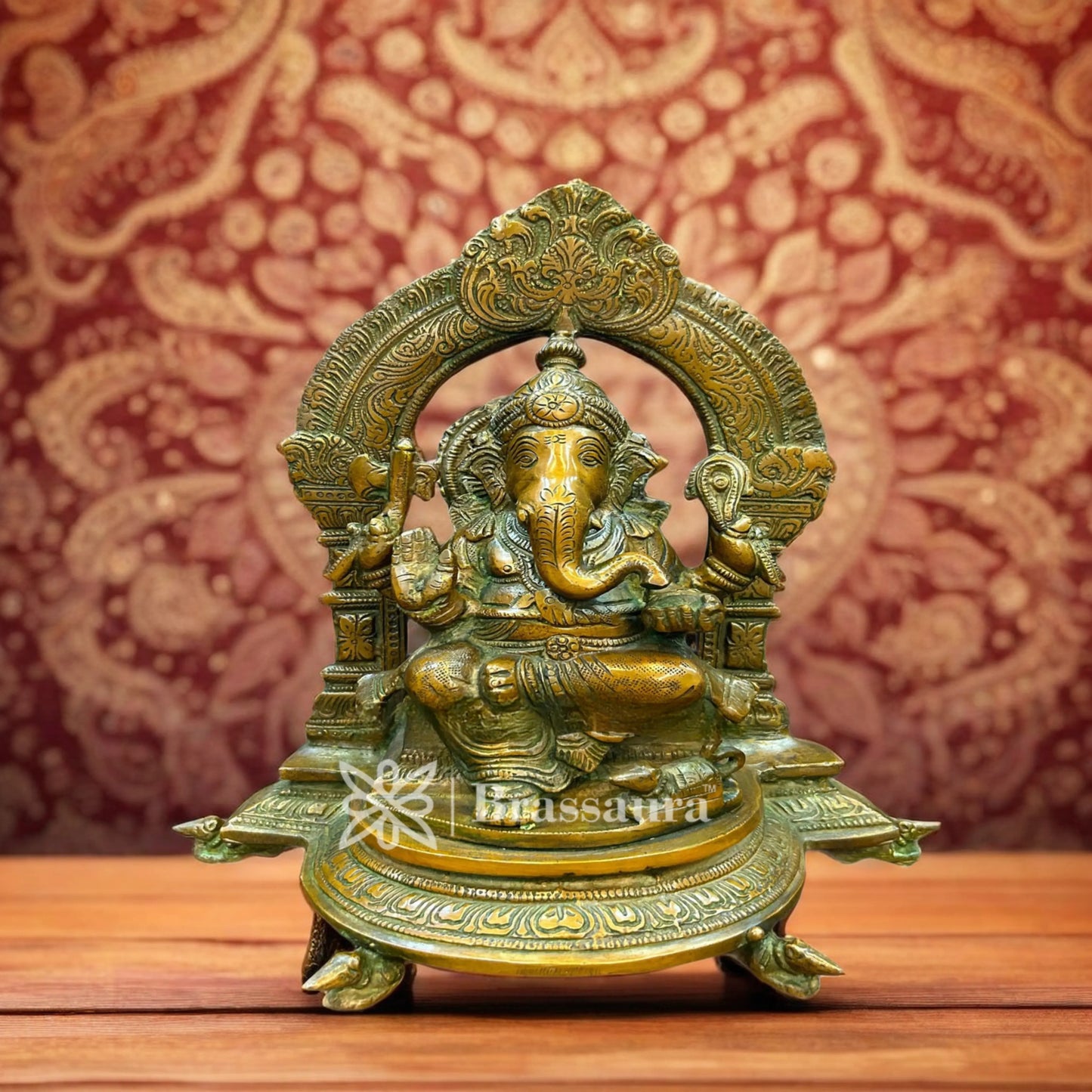 Brassaura™ Brass Ring Ganesha Idol for Home and Decor | Weight 3.9 Kgs | Height 11 Inches