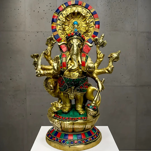 Brassaura™ Brass Gem Stone Work Ganesha Murti – Height 13 inches & Weight 4 kgs | Ganpati Idol for Pooja & Home Décor