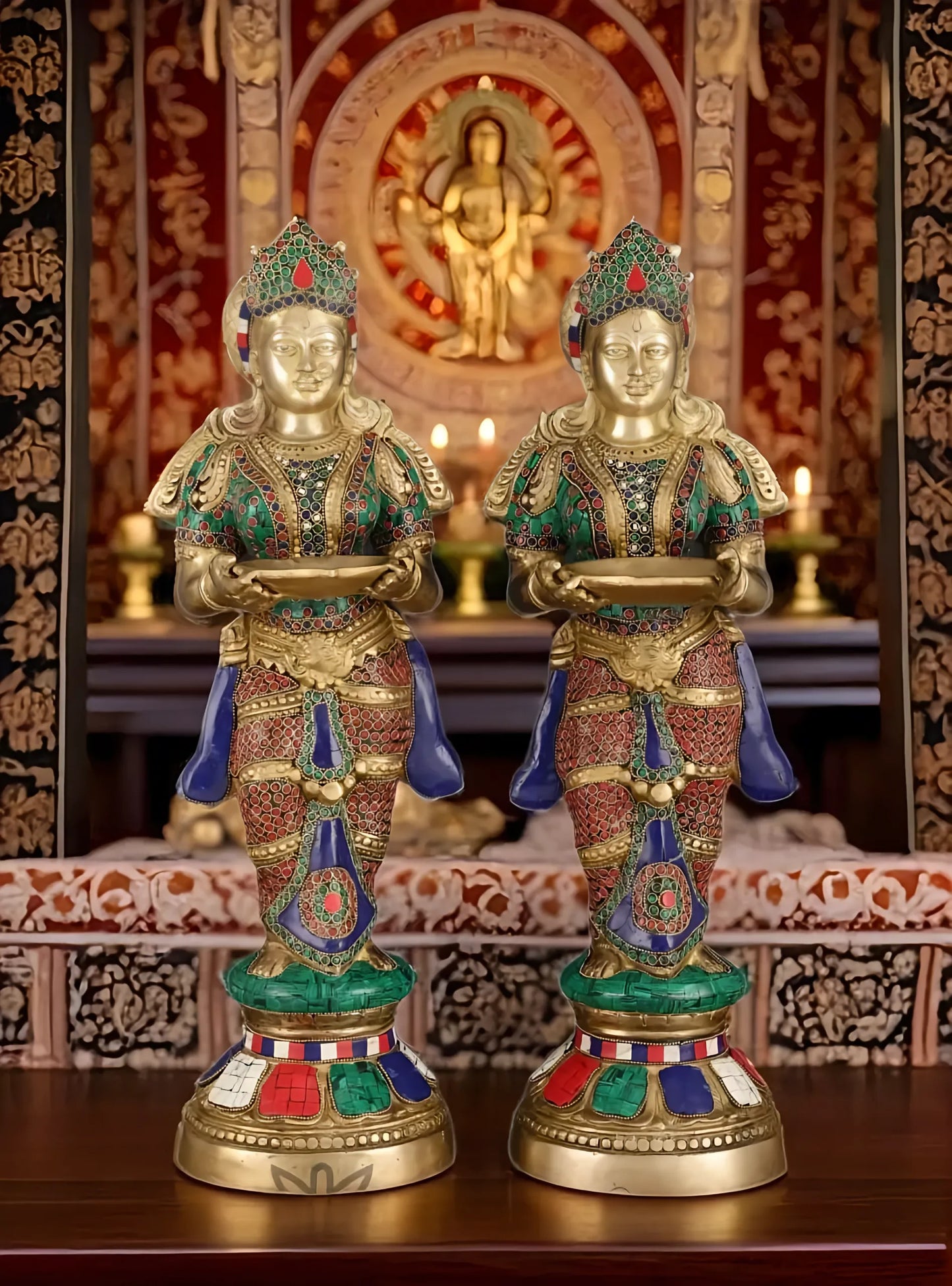 Brassaura™ Brass Deep Lakshmi Pavaai Villaku with Stonework – Height 23 Inches | Available as Single (8.5 Kgs) or Pair (17 Kgs)