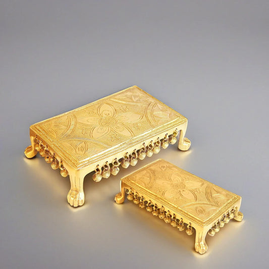 Brassaura™ Brass Pooja Chowki With Hanging Bells – Height 3.1 Inches & Weight 3.2 Kgs | Artistic Pooja Room Décor