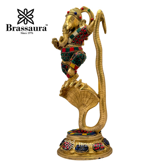 Brassaura™ Brass Gem Stone Work Dancing Ganesha Idol for Home and Decor | Weight 3 Kgs | Height 11.81 Inches
