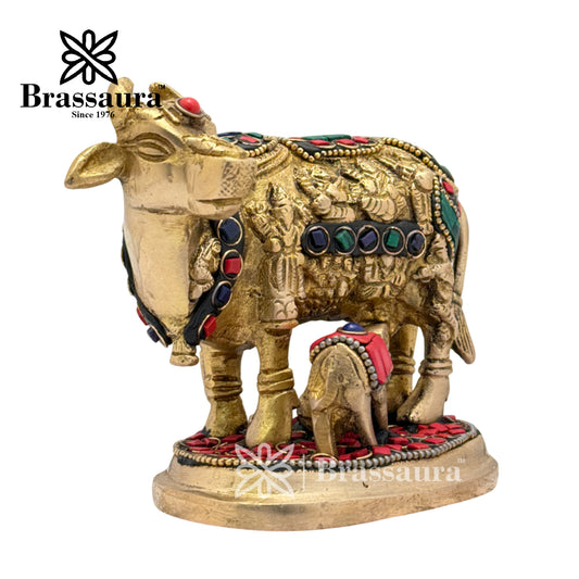 Brassaura™ Brass Gem Stone Work Kamdhenu Cow & Calf Idol – Height 4 Inches & Weight 1 Kgs | Meditation & Worship Space Accent